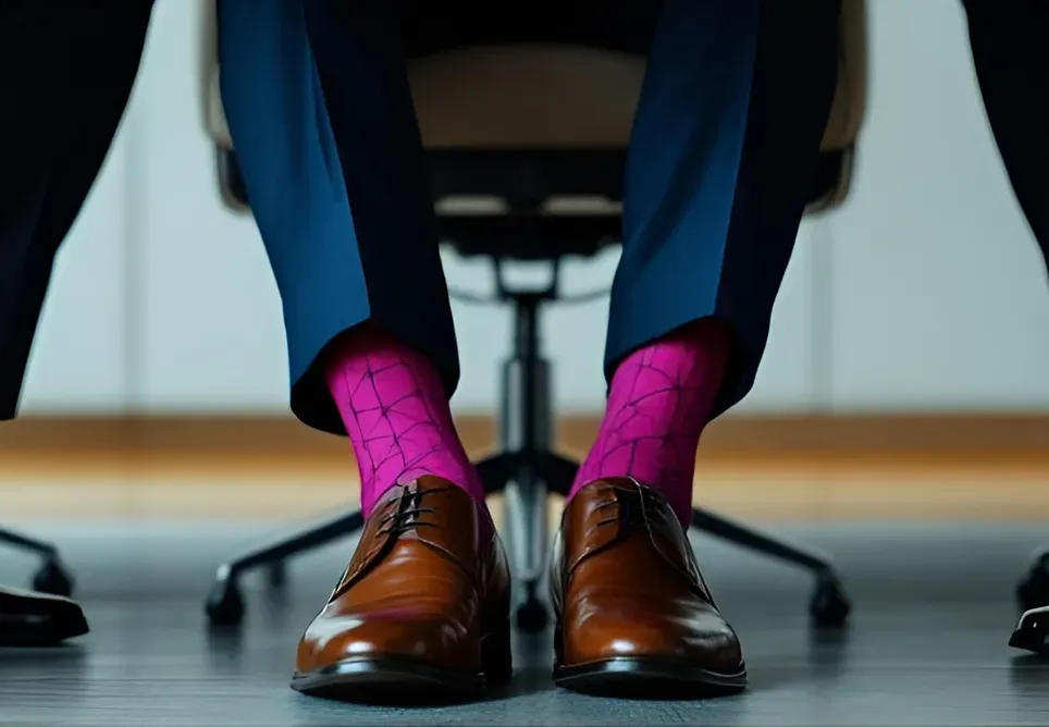 Man in suit showing colorful socks